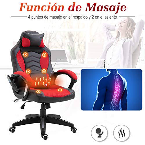 HOMCOM Gaming Silla de Oficina y Giratoria con 6 Puntos de Masaje y Calefacción Tipo Sillón de Escritorio Silla Gamer para PC 68x110x108-117cm (Negro y Rojo)