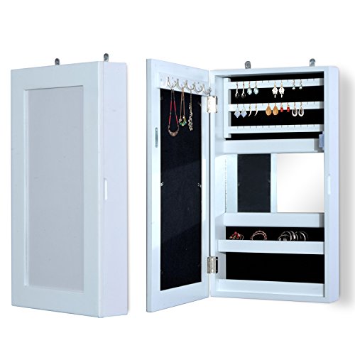 HOMCOM Joyero de Madera Armario para Joyas para Colgar en Pared Altura 56cm con Espejo y Marco para Fotos Color Blanco Lacado