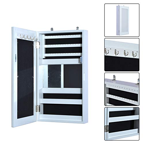 HOMCOM Joyero de Madera Armario para Joyas para Colgar en Pared Altura 56cm con Espejo y Marco para Fotos Color Blanco Lacado