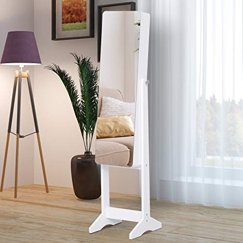 HOMCOM Joyero de Pie con Espejo Armario para Joyas Luces LED Reclinable Guardajoyas Anillos Pendientes Collares Madera 30x36x146cm Blanco