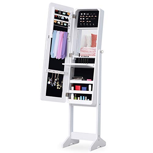 HOMCOM Joyero de Pie con Espejo Armario para Joyas Luces LED Reclinable Guardajoyas Anillos Pendientes Collares Madera 30x36x146cm Blanco