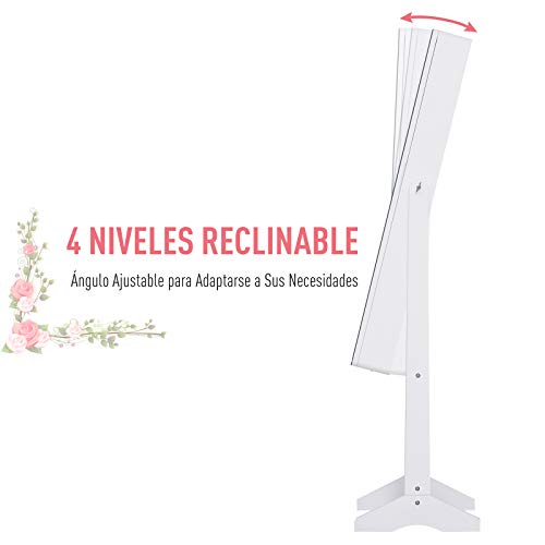 HOMCOM Joyero de Pie con Espejo Armario para Joyas Luces LED Reclinable Guardajoyas Anillos Pendientes Collares Madera 30x36x146cm Blanco