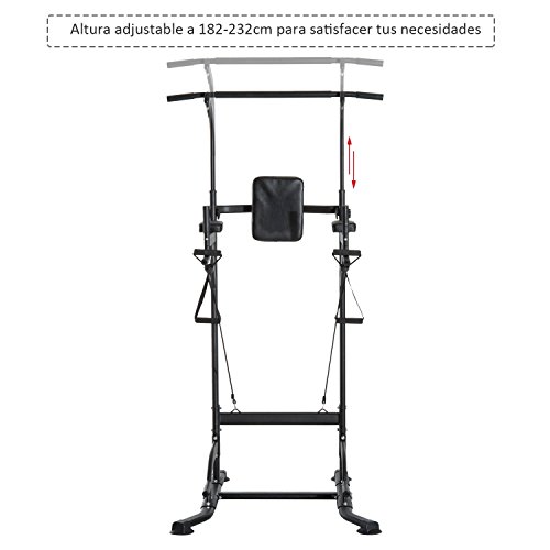 HOMCOM Power Tower Máquina de Musculación Multiestación 5 en 1 Ejercicios Dip Pull-up Flexiones y Abdominales 124x96x172-224cm Marco de Acero y Carga 120kg