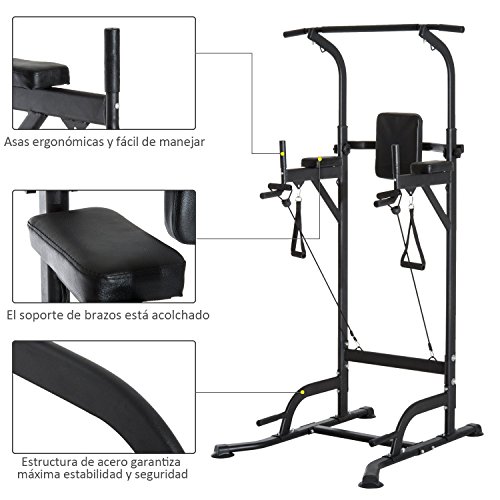 HOMCOM Power Tower Máquina de Musculación Multiestación 5 en 1 Ejercicios Dip Pull-up Flexiones y Abdominales 124x96x172-224cm Marco de Acero y Carga 120kg