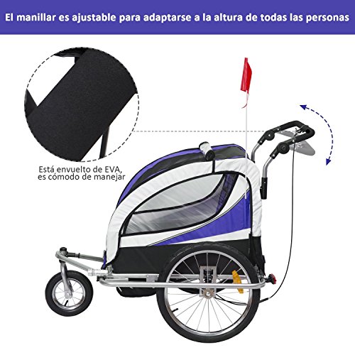 HOMCOM Remolque para Bicicleta tipo Carro con Barra de Paseo para Niños de 2 Plazas con Rueda Delantera Giratoria 360° y Asiento Acolchado Carga Máx. 40kg (Violeta)