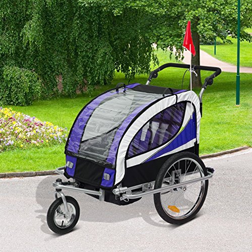 HOMCOM Remolque para Bicicleta tipo Carro con Barra de Paseo para Niños de 2 Plazas con Rueda Delantera Giratoria 360° y Asiento Acolchado Carga Máx. 40kg (Violeta)