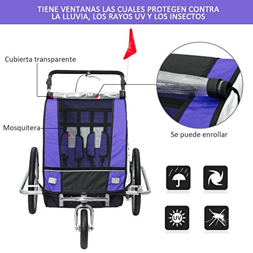HOMCOM Remolque para Bicicleta tipo Carro con Barra de Paseo para Niños de 2 Plazas con Rueda Delantera Giratoria 360° y Asiento Acolchado Carga Máx. 40kg (Violeta)