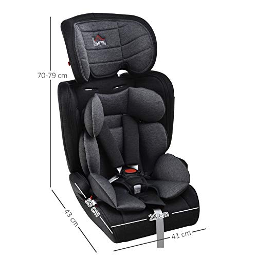 HOMCOM Silla de Coche para Niños de Grupo 1/2/3 Asiento de Seguridad Reposacabezas Desmontable Ajustable en Altura Cinturón de Cinco Puntos 43x41x70-79 cm Negro y Gris