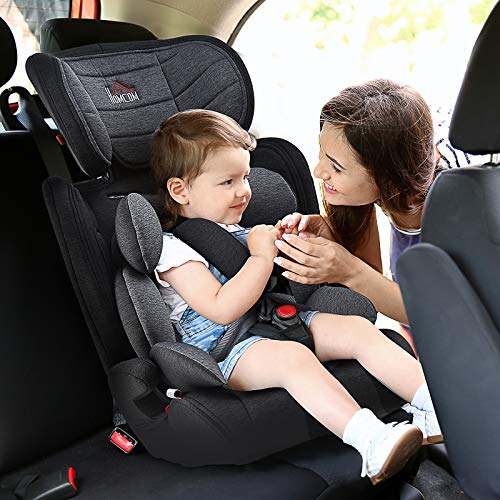 HOMCOM Silla de Coche para Niños de Grupo 1/2/3 Asiento de Seguridad Reposacabezas Desmontable Ajustable en Altura Cinturón de Cinco Puntos 43x41x70-79 cm Negro y Gris