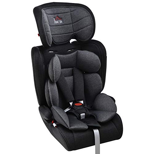 HOMCOM Silla de Coche para Niños de Grupo 1/2/3 Asiento de Seguridad Reposacabezas Desmontable Ajustable en Altura Cinturón de Cinco Puntos 43x41x70-79 cm Negro y Gris