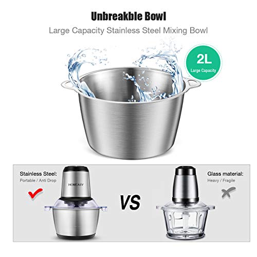 homeasy Picadora Eléctrica de Alimetos 350W, 2L Trituradora de Alimentos de Acero Inoxidable, Picadora Batidora Eléctrica de Cocina 4 Cuchillas, Picadora de Carne Verduras y Frutas