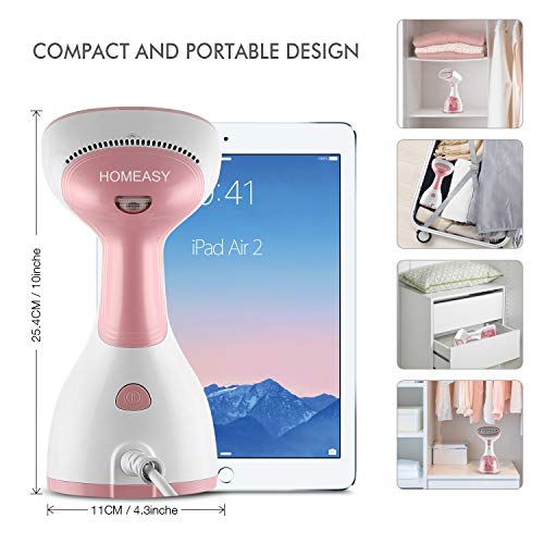 homeasy Plancha de Vapor, Plancha vertical 1000W, Depósito 260ml 5 en 1 Arrugar/Desinfectar/Humedecer/Limpiar /Quitar el Polvpo, Calemtamiento rápido, Plancha de Ropa para hogar y Viaje(Rosado)