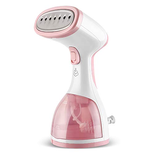 homeasy Plancha de Vapor, Plancha vertical 1000W, Depósito 260ml 5 en 1 Arrugar/Desinfectar/Humedecer/Limpiar /Quitar el Polvpo, Calemtamiento rápido, Plancha de Ropa para hogar y Viaje(Rosado)