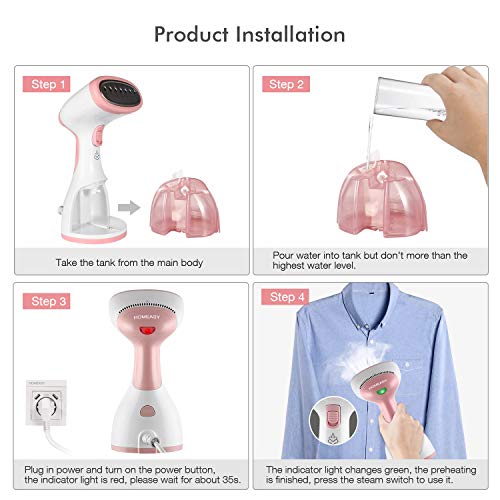 homeasy Plancha de Vapor, Plancha vertical 1000W, Depósito 260ml 5 en 1 Arrugar/Desinfectar/Humedecer/Limpiar /Quitar el Polvpo, Calemtamiento rápido, Plancha de Ropa para hogar y Viaje(Rosado)