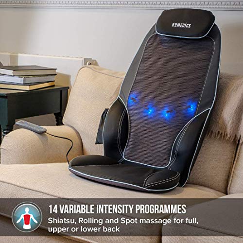HoMedics Shiatsu Max 2.0 Asiento de Masajes Eléctrico para Espalda, Hombros y Glúteos, Silla Masajeadora con 14 Programas, Intensidad y Calor Regulables, Vibración, Masaje Localizado o Completo