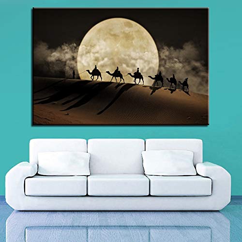 HOMEHX Aceite de Lona Paintingcanvas Posters Wall Art 1 Piece Camel Team Paintings HD Prints Full Moon In Desert Landscape Pictures Home Decor
