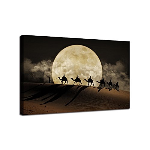 HOMEHX Aceite de Lona Paintingcanvas Posters Wall Art 1 Piece Camel Team Paintings HD Prints Full Moon In Desert Landscape Pictures Home Decor