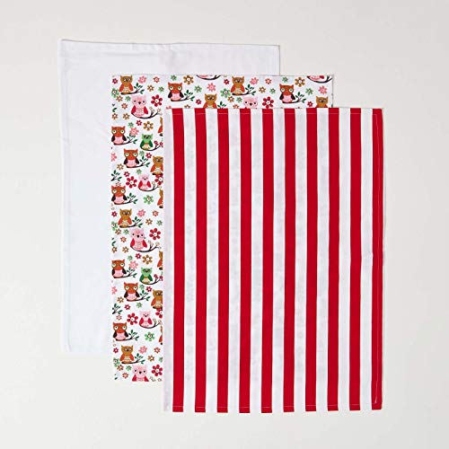 Homescapes Juego de 3 Trapos de Cocina, 100% algodón, rojo y blanco, con diseño de búhos 50x70cm