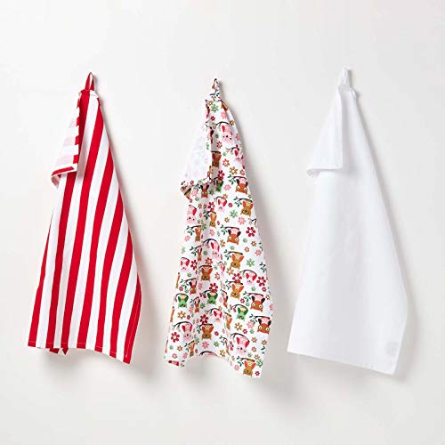 Homescapes Juego de 3 Trapos de Cocina, 100% algodón, rojo y blanco, con diseño de búhos 50x70cm