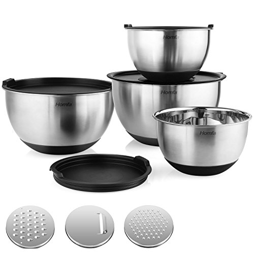 HOMFA Cuencos para Mezclado de Acero Inoxidable Set de 4 Boles de Cocina con Tapa 1L, 2L, 3L, 4,5L Tazon Mezclador Cuencos con Rallador