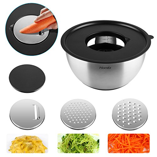 HOMFA Cuencos para Mezclado de Acero Inoxidable Set de 4 Boles de Cocina con Tapa 1L, 2L, 3L, 4,5L Tazon Mezclador Cuencos con Rallador