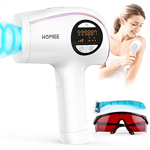 HOMIEE IPL Depiladora de Luz de Pulsada，Puede Usar 999,999 Veces de Equipo de Depilación Permanente, 5 Niveles y 2 Modos Instrumento de Depilación, Indoloro, Unisexo, Adecuado para Cara y Cuerpo