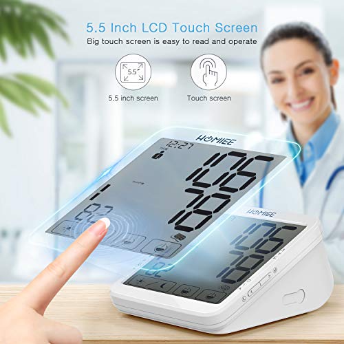 HOMIEE Tensiómetro de Brazo con Pantalla Grande de Pantalla Táctil de 5.5 Pulgadas, Tensiómetro de Brazo Automático Digital, 2 * 120 Memorias Grupo Valores, Detección de Arritmia(Blanco)