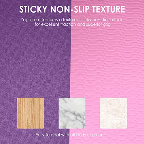 Homtiky Esterilla Yoga, Esterilla Deporte Antideslizante con Material ecológico TPE, Yoga Mat diseñado para Entrenamiento físico con Correa de Transporte y Bolsa, púrpula