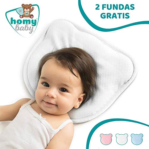 HOMYBABY Almohada Bebe | Cojin Plagiocefalia y 2 Fundas de Regalo 100% Algodón | Cojin Bebe con Diseño Ergonómico | Almohada Cuna Bebe