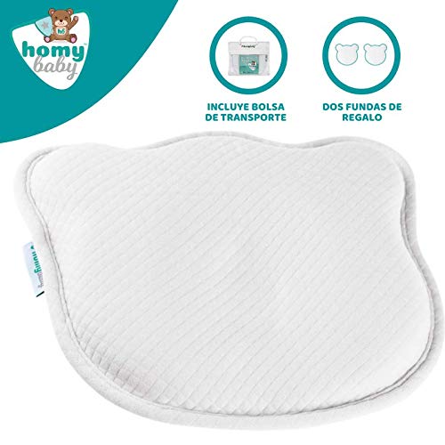 HOMYBABY Almohada Bebe | Cojin Plagiocefalia y 2 Fundas de Regalo 100% Algodón | Cojin Bebe con Diseño Ergonómico | Almohada Cuna Bebe