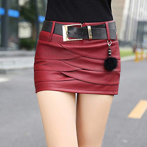 Hongxin Mujeres Mini Falda de Cuero de la PU de Fresca Cintura Alta Cremallera Plisada Falda Corta Decorativa Mini Falda de Estiramiento Sexy lápiz Falda