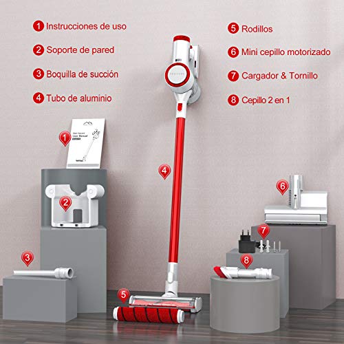 HONITURE Aspiradora Escoba sin Cable, Aspirador sin Cable Potente 25000pa, 350W Motor Digital Brushless,2600mAh Batería Extraíble, Eliminación de ácaros,Cepillo Electrico Luz LED, Dobles Filtros HEPA