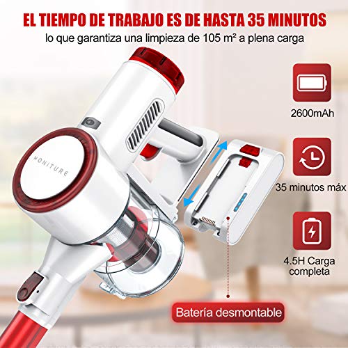 HONITURE Aspiradora Escoba sin Cable, Aspirador sin Cable Potente 25000pa, 350W Motor Digital Brushless,2600mAh Batería Extraíble, Eliminación de ácaros,Cepillo Electrico Luz LED, Dobles Filtros HEPA