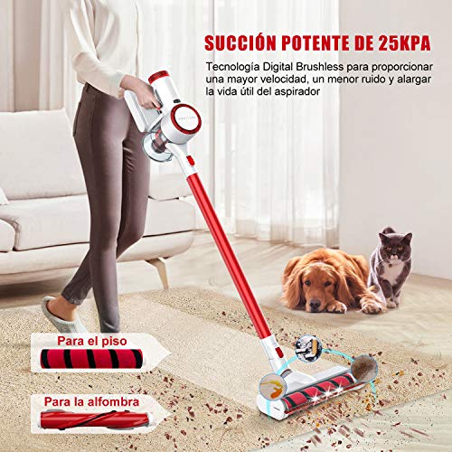 HONITURE Aspiradora Escoba sin Cable, Aspirador sin Cable Potente 25000pa, 350W Motor Digital Brushless,2600mAh Batería Extraíble, Eliminación de ácaros,Cepillo Electrico Luz LED, Dobles Filtros HEPA