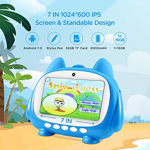 HOPLAZA Tablet para niños, 7 Pulgadas IPS 1024x600 Display con WiFi Bluetooth 1GB RAM 16GB ROM Control Parental y Google Play iWawa Educativos Software Stylus Pen Incluido