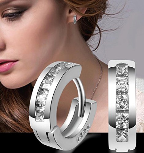 Hosaire Pendientes Aro de Mujer/Hombre de Plata con Cristal/Circonita Blanco con Sello de Plata para Mujer Hombre niña Regalo de Cumpleaños Navidad San Valentin Color Blanco