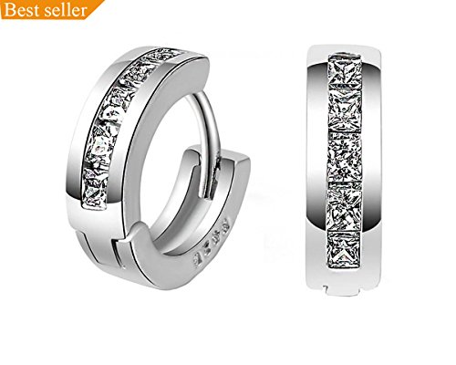 Hosaire Pendientes Aro de Mujer/Hombre de Plata con Cristal/Circonita Blanco con Sello de Plata para Mujer Hombre niña Regalo de Cumpleaños Navidad San Valentin Color Blanco