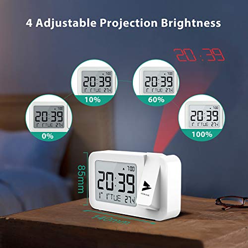 Hosome Reloj Despertador Digital Despertador Proyector con Temperatura 4 Brillo de Proyección Ajustable Volumen de 2 Niveles,Función de Snooze,Configuración de 12/24 H para Dormitorio y Oficina