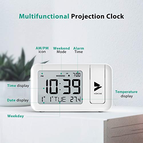 Hosome Reloj Despertador Digital Despertador Proyector con Temperatura 4 Brillo de Proyección Ajustable Volumen de 2 Niveles,Función de Snooze,Configuración de 12/24 H para Dormitorio y Oficina
