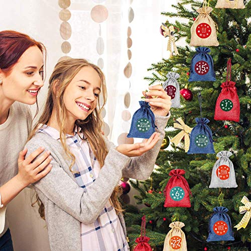 HOSPAOP Calendario de Adviento - 24pcs, Calendario Adviento Navidad, Bolsas de Yute para Rellenar con Bricolaje Calendario Adviento Casero, Bolsa de Regalo Navidad Decoración para el Hoga