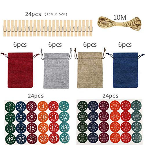 HOSPAOP Calendario de Adviento - 24pcs, Calendario Adviento Navidad, Bolsas de Yute para Rellenar con Bricolaje Calendario Adviento Casero, Bolsa de Regalo Navidad Decoración para el Hoga