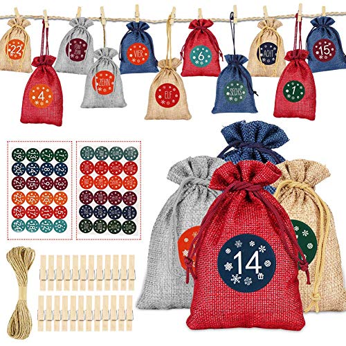 HOSPAOP Calendario de Adviento - 24pcs, Calendario Adviento Navidad, Bolsas de Yute para Rellenar con Bricolaje Calendario Adviento Casero, Bolsa de Regalo Navidad Decoración para el Hoga