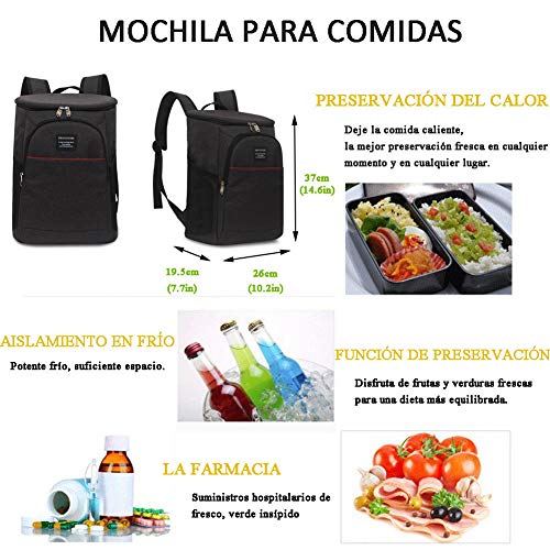 HOTSO Mochila Neveras Térmicas para Llevar Comida, Bolsa Térmica Porta Alimentos, Camping Accesorios para Picnic, La Playa, Almuerzo, Barbacoa, Mochila Grande Negra