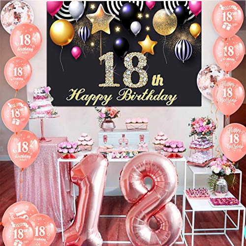HOWAF 18 Cumpleaños Decoración Negro y Oro, Extra Grande 18 Cumpleaños Foto Prop Fondo Pancarta con Cuerda, Tela Póster Fondo para 18 Años Cumpleaños Fiesta Artículos Materiales