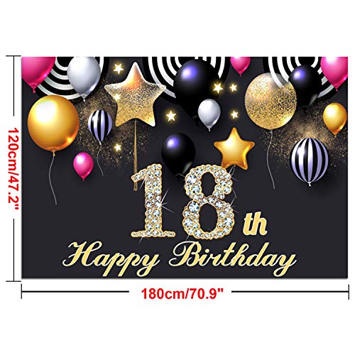 HOWAF 18 Cumpleaños Decoración Negro y Oro, Extra Grande 18 Cumpleaños Foto Prop Fondo Pancarta con Cuerda, Tela Póster Fondo para 18 Años Cumpleaños Fiesta Artículos Materiales