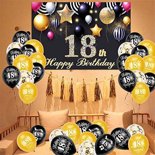 HOWAF 18 Cumpleaños Decoración Negro y Oro, Extra Grande 18 Cumpleaños Foto Prop Fondo Pancarta con Cuerda, Tela Póster Fondo para 18 Años Cumpleaños Fiesta Artículos Materiales
