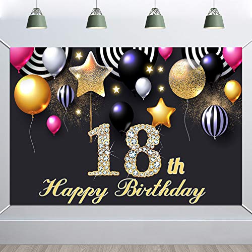 HOWAF 18 Cumpleaños Decoración Negro y Oro, Extra Grande 18 Cumpleaños Foto Prop Fondo Pancarta con Cuerda, Tela Póster Fondo para 18 Años Cumpleaños Fiesta Artículos Materiales