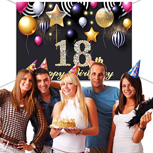 HOWAF 18 Cumpleaños Decoración Negro y Oro, Extra Grande 18 Cumpleaños Foto Prop Fondo Pancarta con Cuerda, Tela Póster Fondo para 18 Años Cumpleaños Fiesta Artículos Materiales