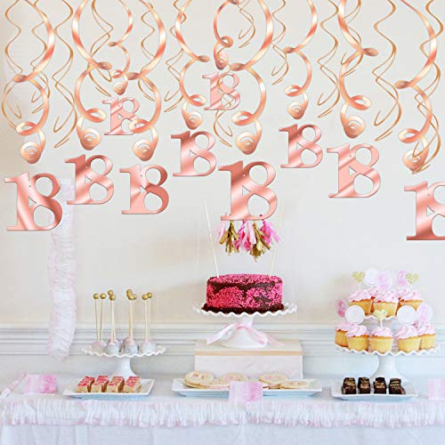Howaf Decoración de cumpleaños 18 en Oro Rosa, 18 cumpleaños Decoración Colgante remolinos y Feliz cumpleaños 18 Mesa Confeti para Mujeres y niñas 18 Años Decoraciones Fiesta de Cumpleaños