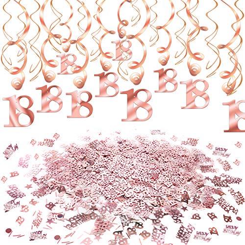 Howaf Decoración de cumpleaños 18 en Oro Rosa, 18 cumpleaños Decoración Colgante remolinos y Feliz cumpleaños 18 Mesa Confeti para Mujeres y niñas 18 Años Decoraciones Fiesta de Cumpleaños